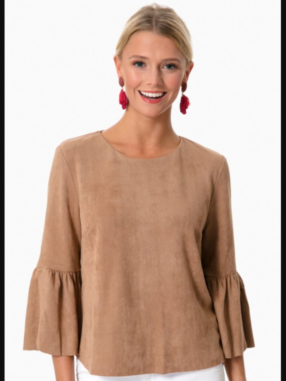 Pomander Place Vegan Suede Taupe Bell Sleeve Top Size S